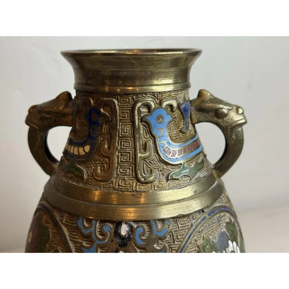 Vintage Japanese Champleve Enamel Brass Bronze Vase Urn Dragon Handle Antique